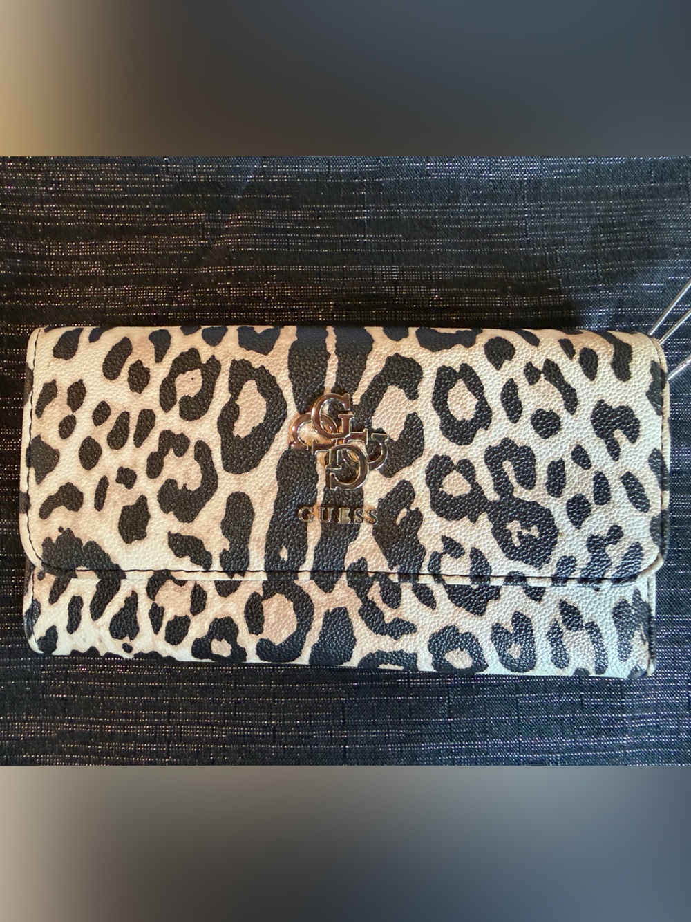 Guess Beige and Black Leopard Print Wallet with Gold Logo